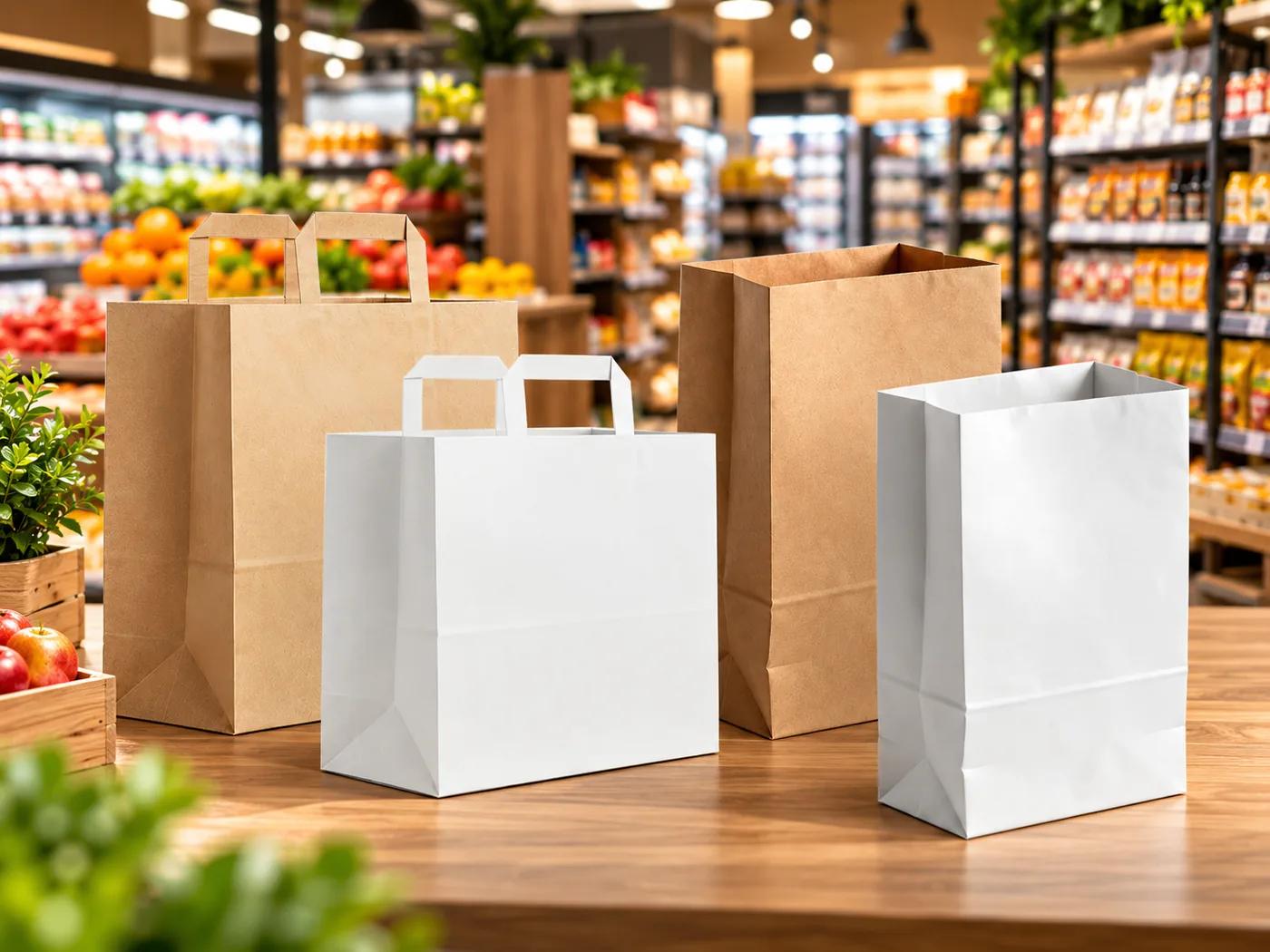 Empty kraft and white paper shopping bags in a supermarket