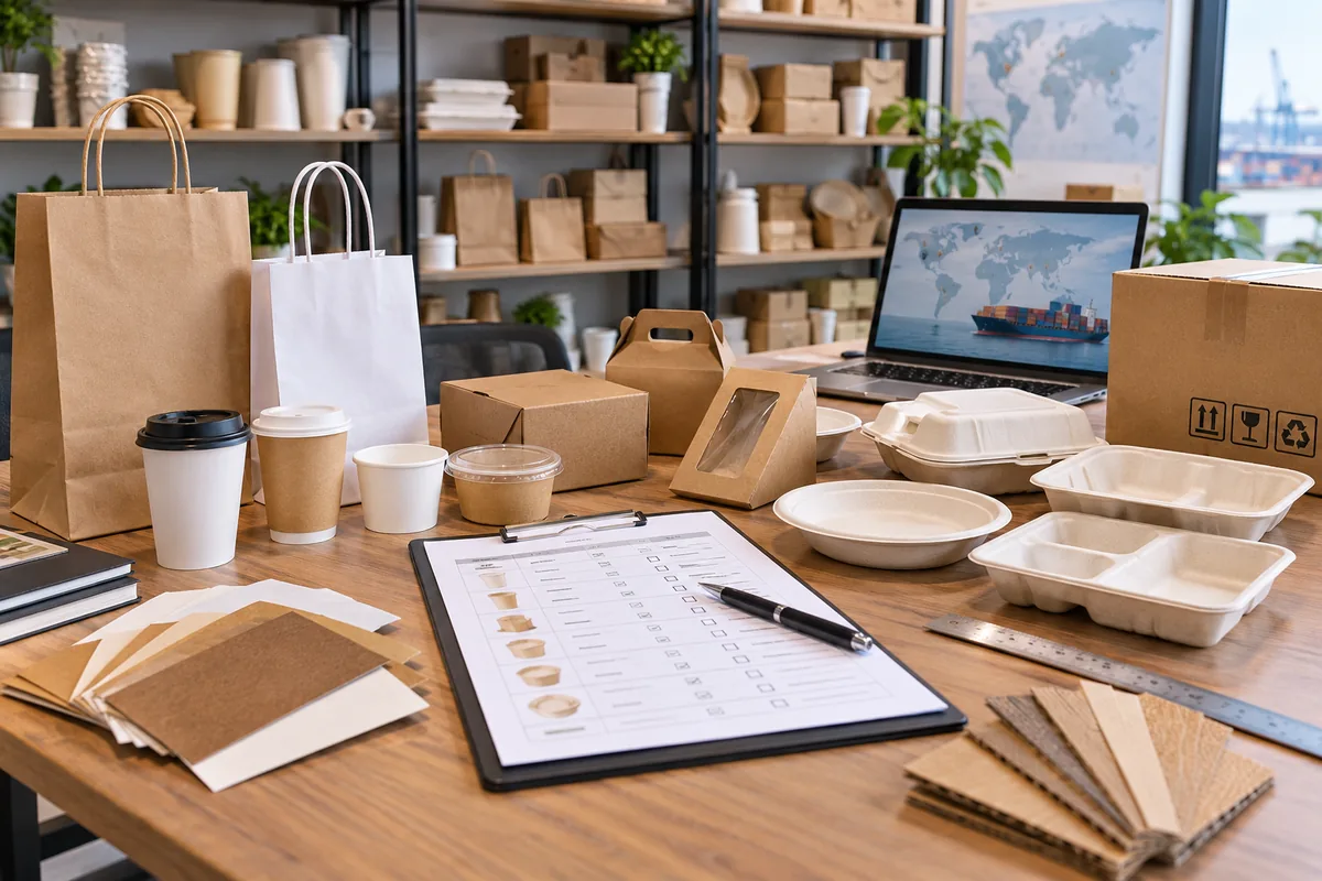 Packaging samples and specification sheets on a buyer’s desk